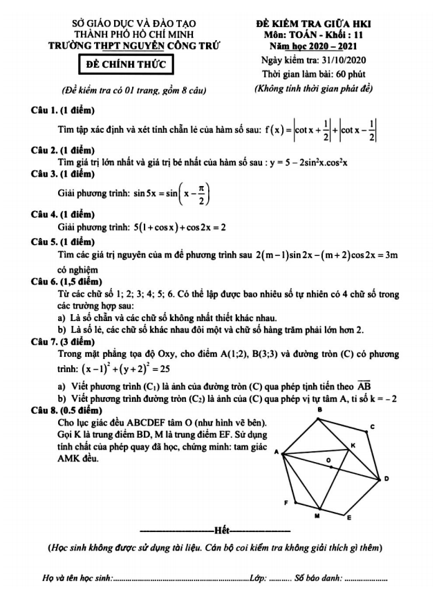Đề thi giữa học kì 1 (HK1) lớp 11 môn Toán năm 2020 2021 trường THPT Nguyễn Công Trứ TP HCM
