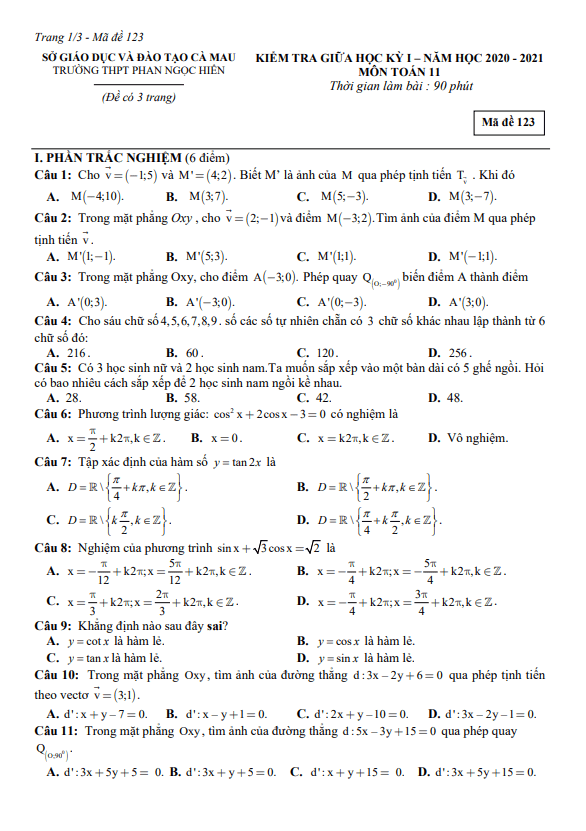 Đề thi giữa học kì 1 (HK1) lớp 11 môn Toán năm 2020 2021 trường THPT Phan Ngọc Hiển Cà Mau