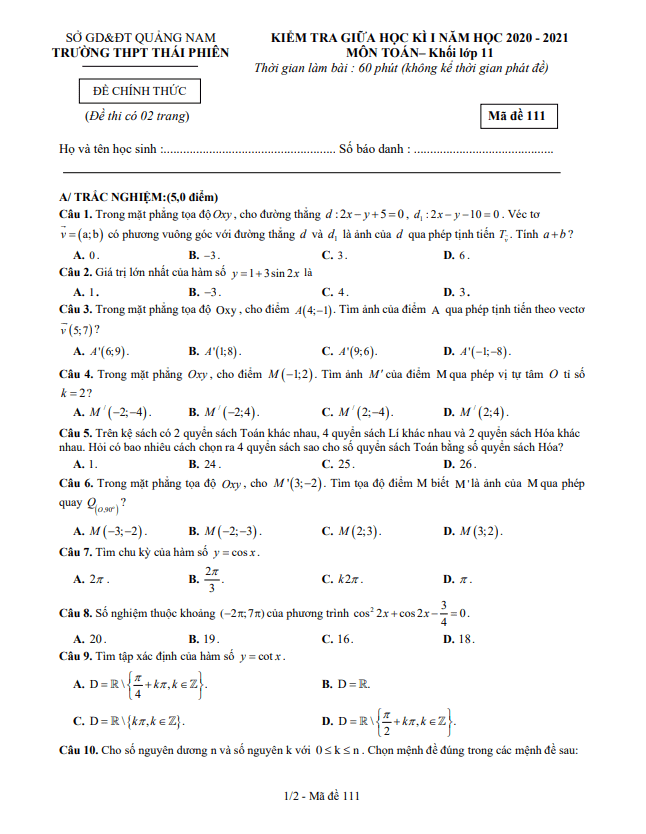 Đề thi giữa học kì 1 (HK1) lớp 11 môn Toán năm 2020 2021 trường THPT Thái Phiên Quảng Nam