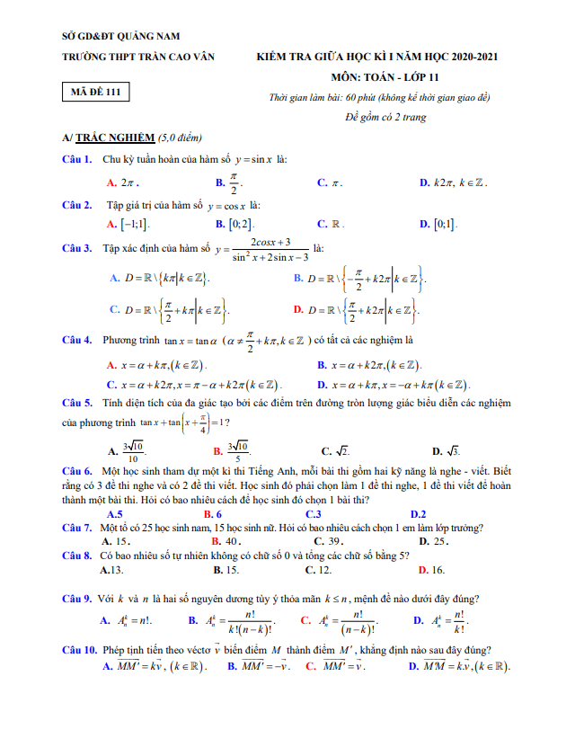 Đề thi giữa học kì 1 (HK1) lớp 11 môn Toán năm 2020 2021 trường THPT Trần Cao Vân Quảng Nam