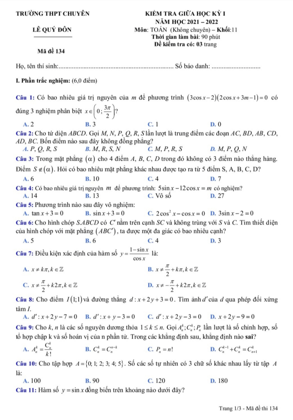 Đề thi giữa học kì 1 (HK1) lớp 11 môn Toán năm 2021 2022 trường chuyên Lê Quý Đôn Khánh Hòa