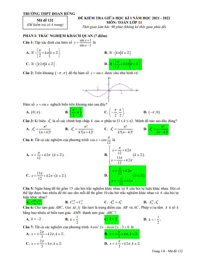 Đề thi giữa học kì 1 (HK1) lớp 11 môn Toán năm 2021 2022 trường THPT Đoan Hùng Phú Thọ