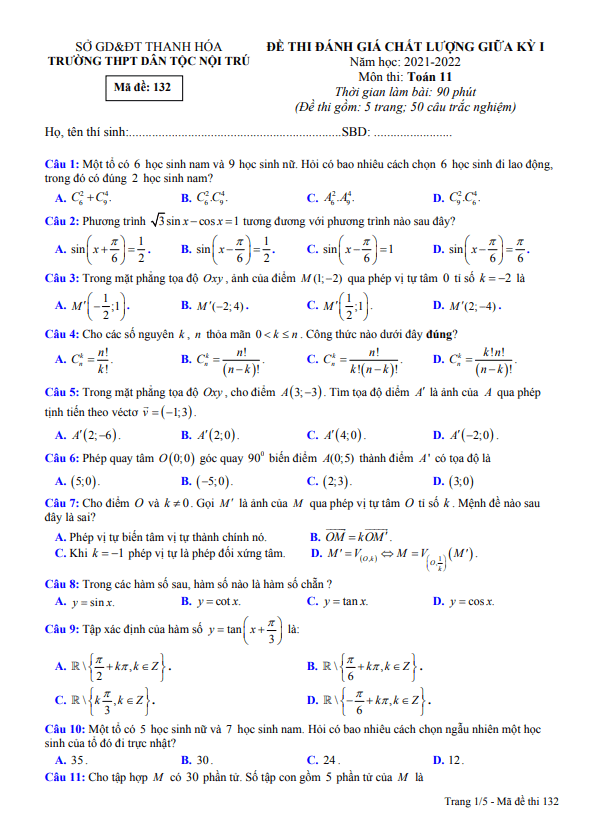 Đề thi giữa học kì 1 (HK1) lớp 11 môn Toán năm 2021 2022 trường THPT DTNT tỉnh Thanh Hóa