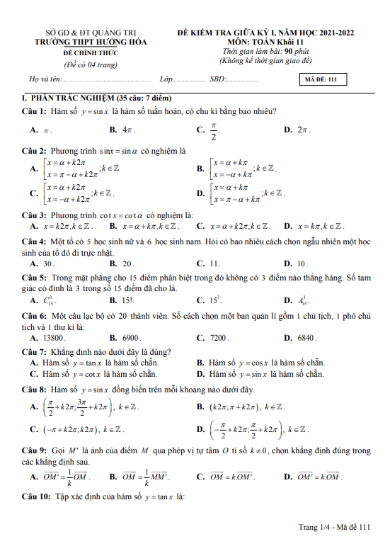 Đề thi giữa học kì 1 (HK1) lớp 11 môn Toán năm 2021 2022 trường THPT Hướng Hóa Quảng Trị