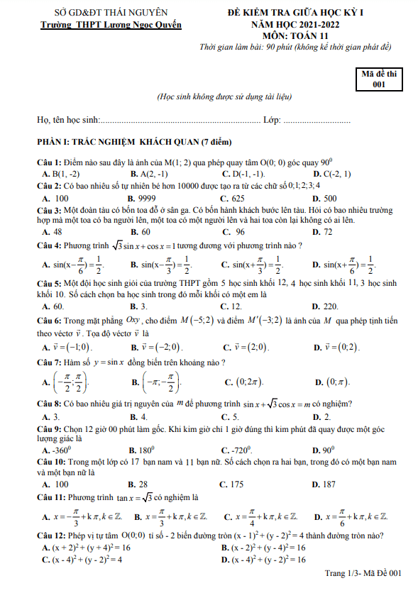 Đề thi giữa học kì 1 (HK1) lớp 11 môn Toán năm 2021 2022 trường THPT Lương Ngọc Quyến Thái Nguyên