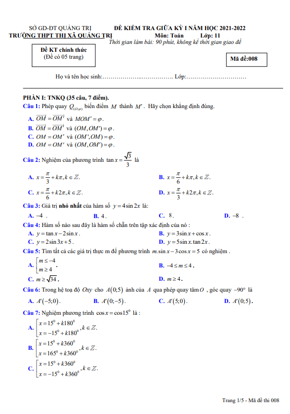 Đề thi giữa học kì 1 (HK1) lớp 11 môn Toán năm 2021 2022 trường THPT Thị xã Quảng Trị