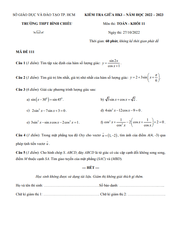 Đề thi giữa học kì 1 (HK1) lớp 11 môn Toán năm 2022 2023 trường THPT Bình Chiểu TP HCM