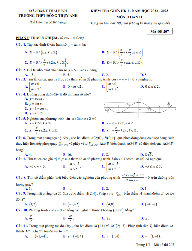 Đề thi giữa học kì 1 (HK1) lớp 11 môn Toán năm 2022 2023 trường THPT Đông Thụy Anh Thái Bình