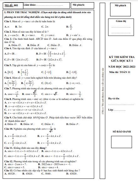 Đề thi giữa học kì 1 (HK1) lớp 11 môn Toán năm 2022 2023 trường THPT Hương Khê Hà Tĩnh