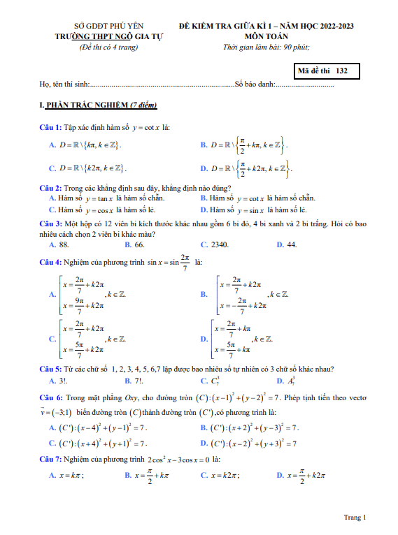 Đề thi giữa học kì 1 (HK1) lớp 11 môn Toán năm 2022 2023 trường THPT Ngô Gia Tự Phú Yên