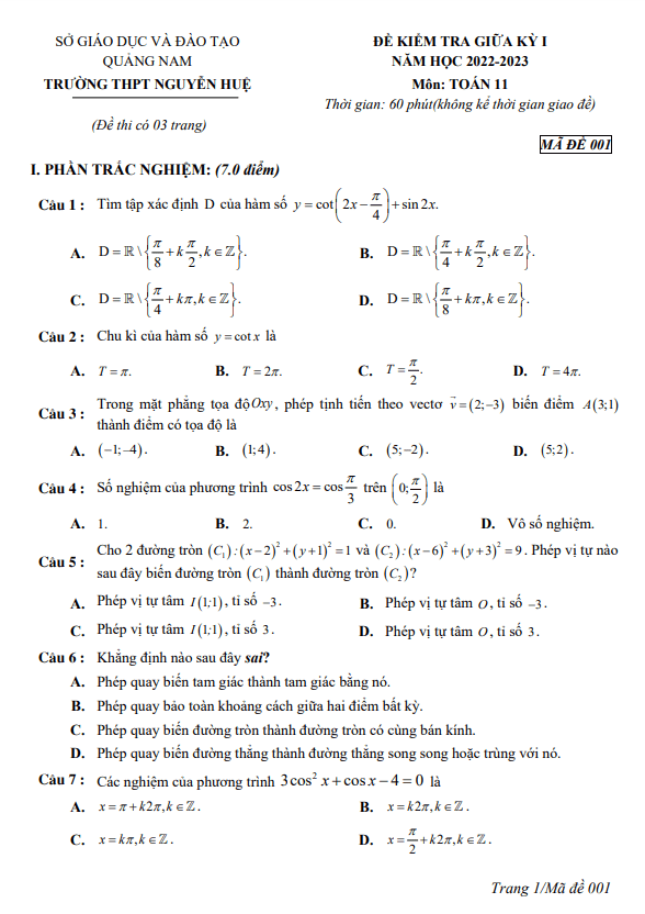 Đề thi giữa học kì 1 (HK1) lớp 11 môn Toán năm 2022 2023 trường THPT Nguyễn Huệ Quảng Nam