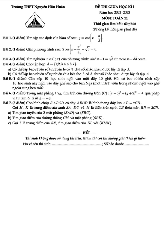 Đề thi giữa học kì 1 (HK1) lớp 11 môn Toán năm 2022 2023 trường THPT Nguyễn Hữu Huân TP HCM
