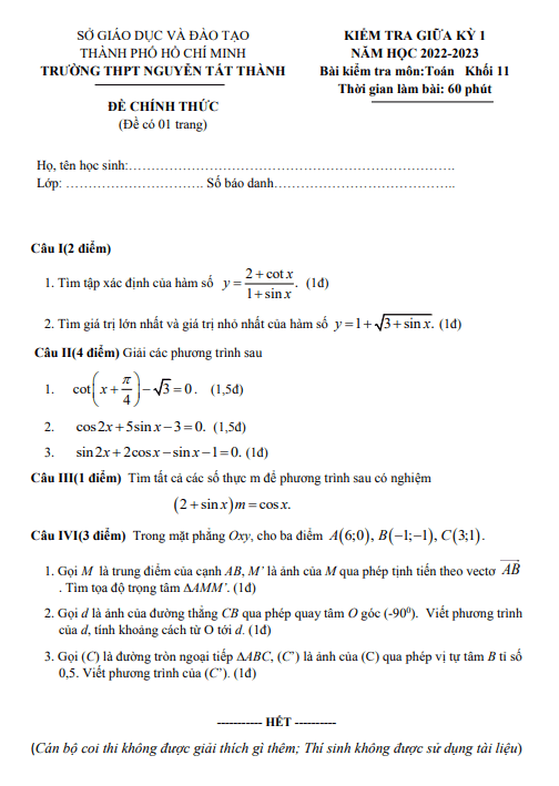 Đề thi giữa học kì 1 (HK1) lớp 11 môn Toán năm 2022 2023 trường THPT Nguyễn Tất Thành TP HCM