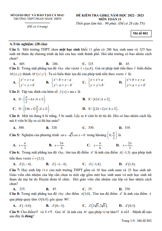 Đề thi giữa học kì 1 (HK1) lớp 11 môn Toán năm 2022 2023 trường THPT Phan Ngọc Hiển Cà Mau