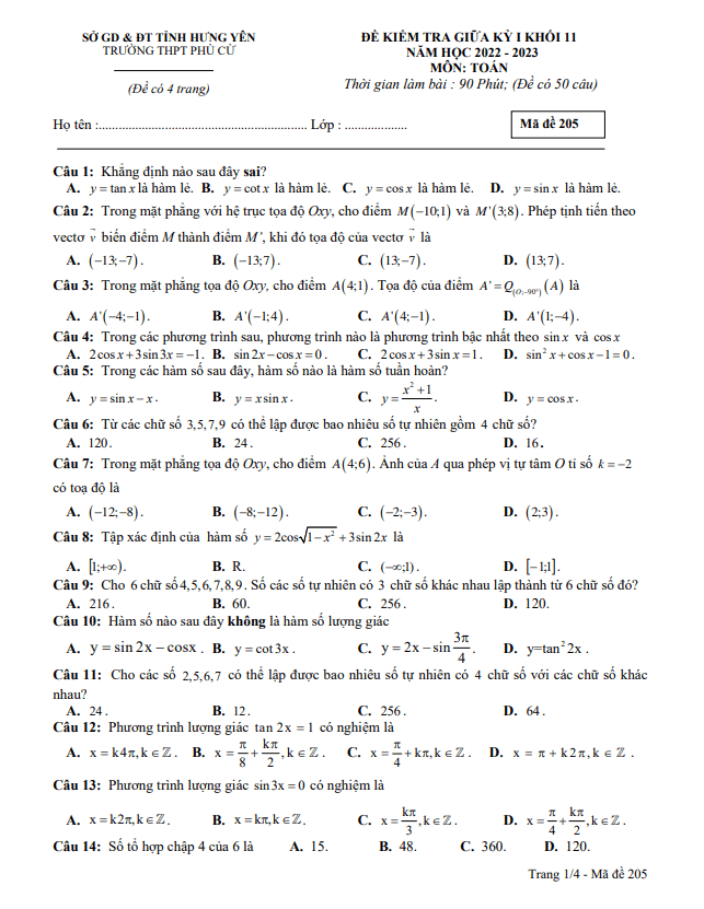 Đề thi giữa học kì 1 (HK1) lớp 11 môn Toán năm 2022 2023 trường THPT Phù Cừ Hưng Yên