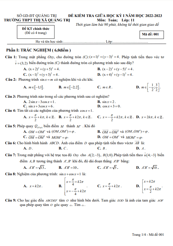 Đề thi giữa học kì 1 (HK1) lớp 11 môn Toán năm 2022 2023 trường THPT Thị xã Quảng Trị