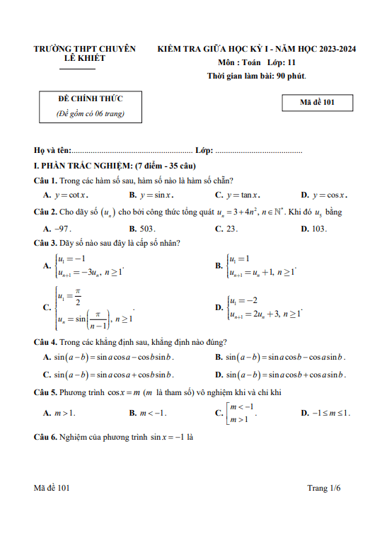 Đề thi giữa học kì 1 (HK1) lớp 11 môn Toán năm 2023 2024 trường chuyên Lê Khiết Quảng Ngãi