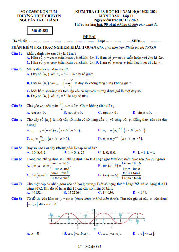 Đề thi giữa học kì 1 (HK1) lớp 11 môn Toán năm 2023 2024 trường chuyên Nguyễn Tất Thành Kon Tum
