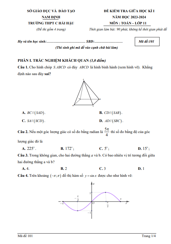 Đề thi giữa học kì 1 (HK1) lớp 11 môn Toán năm 2023 2024 trường THPT C Hải Hậu Nam Định