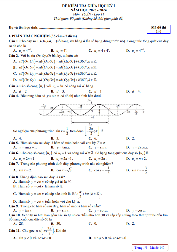 Đề thi giữa học kì 1 (HK1) lớp 11 môn Toán năm 2023 2024 trường THPT chuyên Quốc học Huế