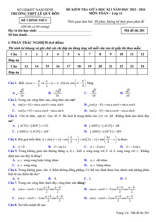 Đề thi giữa học kì 1 (HK1) lớp 11 môn Toán năm 2023 2024 trường THPT Lê Quý Đôn Nam Định