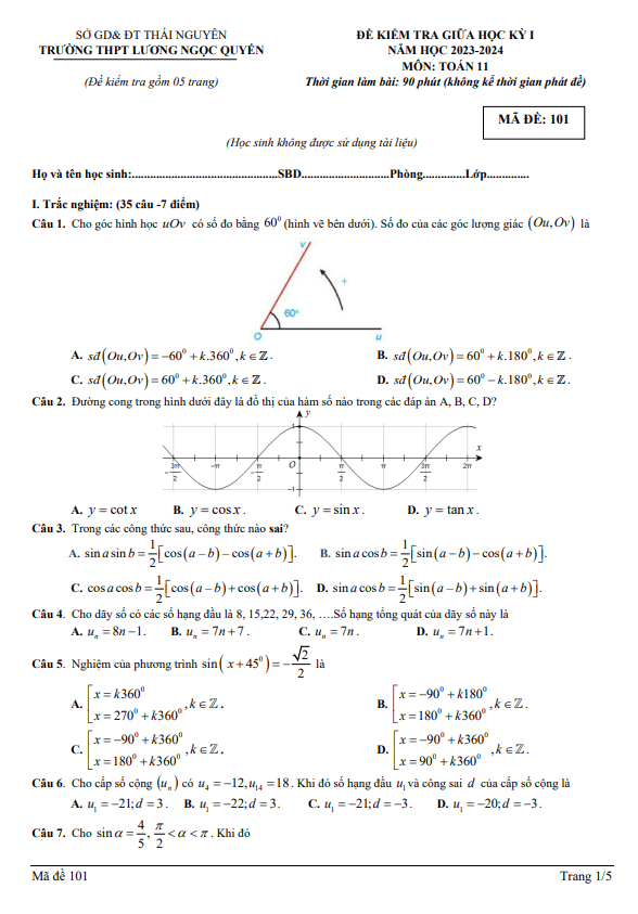 Đề thi giữa học kì 1 (HK1) lớp 11 môn Toán năm 2023 2024 trường THPT Lương Ngọc Quyến Thái Nguyên