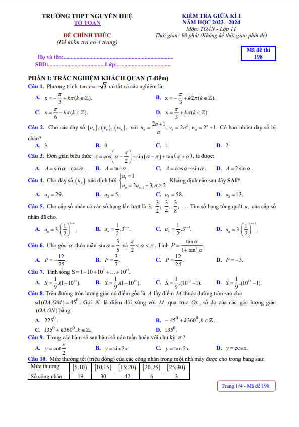 Đề thi giữa học kì 1 (HK1) lớp 11 môn Toán năm 2023 2024 trường THPT Nguyễn Huệ TT Huế