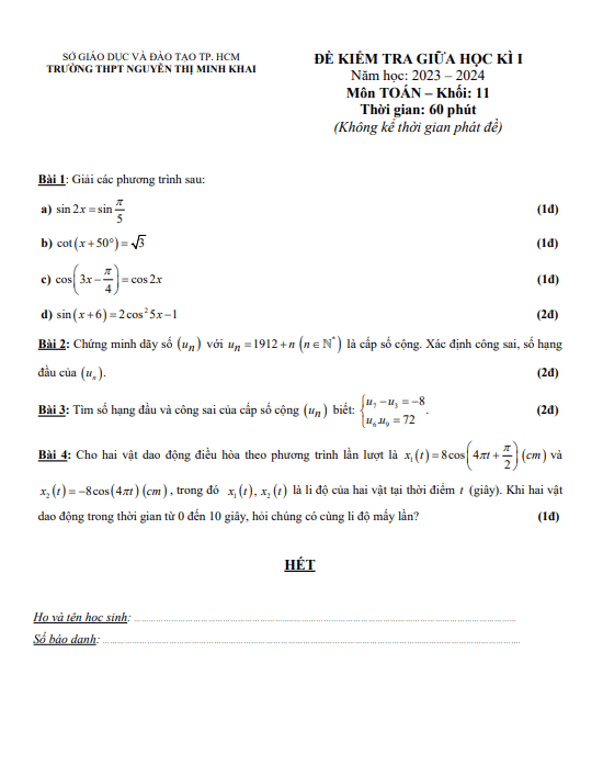 Đề thi giữa học kì 1 (HK1) lớp 11 môn Toán năm 2023 2024 trường THPT Nguyễn Thị Minh Khai TP HCM