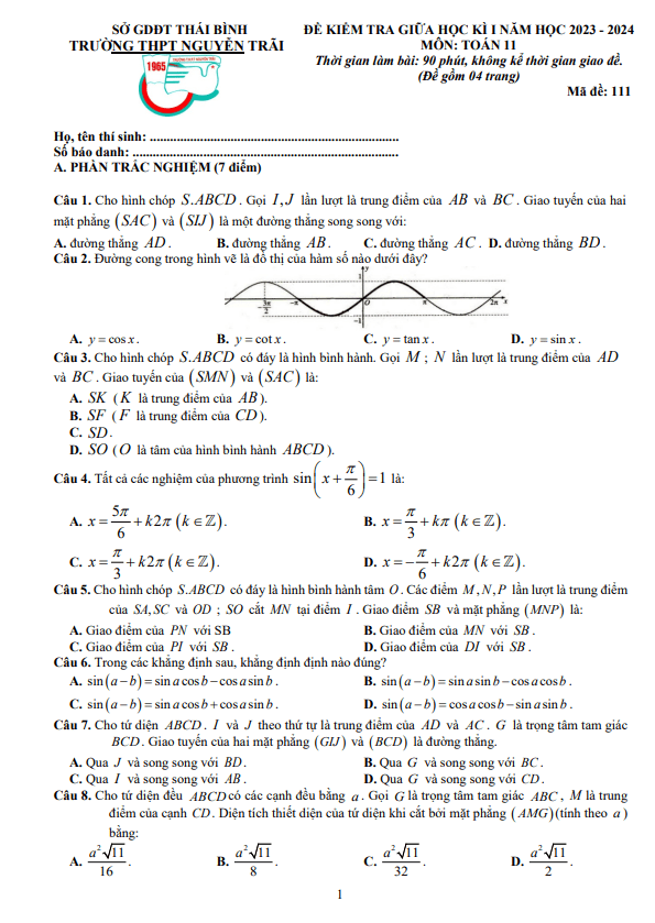 Đề thi giữa học kì 1 (HK1) lớp 11 môn Toán năm 2023 2024 trường THPT Nguyễn Trãi Thái Bình