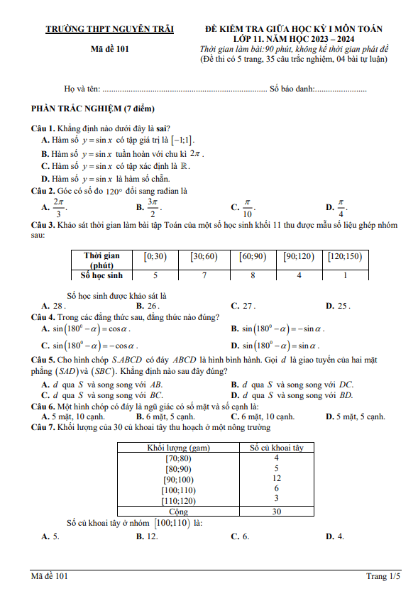 Đề thi giữa học kì 1 (HK1) lớp 11 môn Toán năm 2023 2024 trường THPT Nguyễn Trãi Thanh Hoá