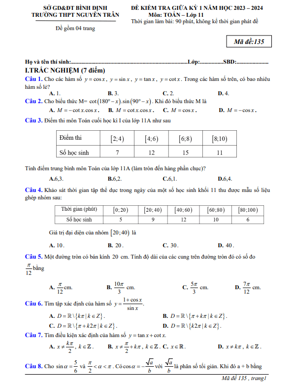 Đề thi giữa học kì 1 (HK1) lớp 11 môn Toán năm 2023 2024 trường THPT Nguyễn Trân Bình Định