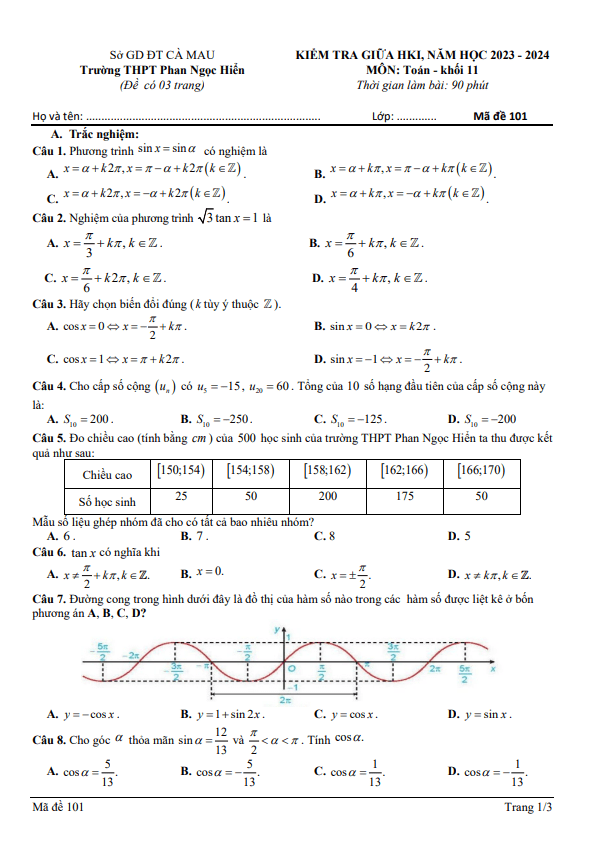 Đề thi giữa học kì 1 (HK1) lớp 11 môn Toán năm 2023 2024 trường THPT Phan Ngọc Hiển Cà Mau