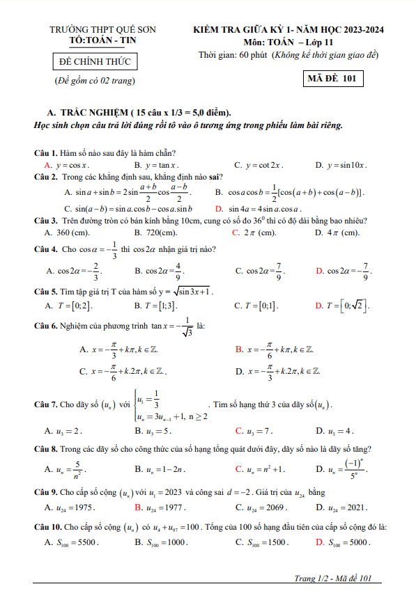 Đề thi giữa học kì 1 (HK1) lớp 11 môn Toán năm 2023 2024 trường THPT Quế Sơn Quảng Nam