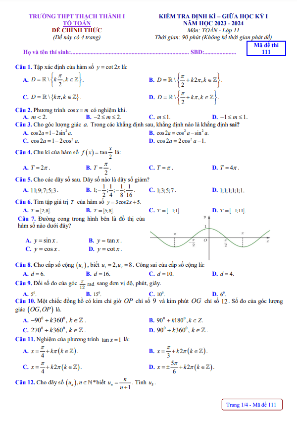 Đề thi giữa học kì 1 (HK1) lớp 11 môn Toán năm 2023 2024 trường THPT Thạch Thành 1 Thanh Hóa