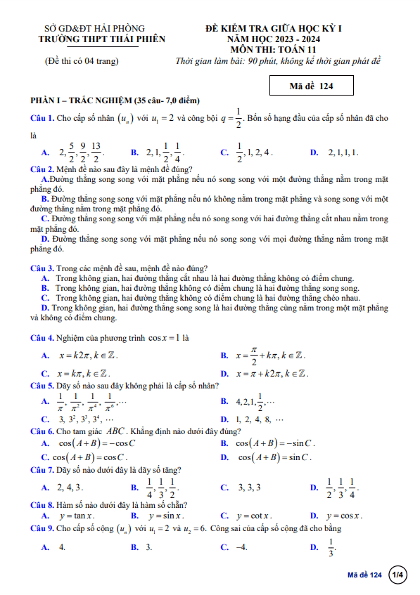 Đề thi giữa học kì 1 (HK1) lớp 11 môn Toán năm 2023 2024 trường THPT Thái Phiên Hải Phòng