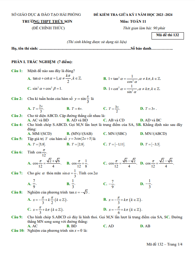 Đề thi giữa học kì 1 (HK1) lớp 11 môn Toán năm 2023 2024 trường THPT Thủy Sơn Hải Phòng