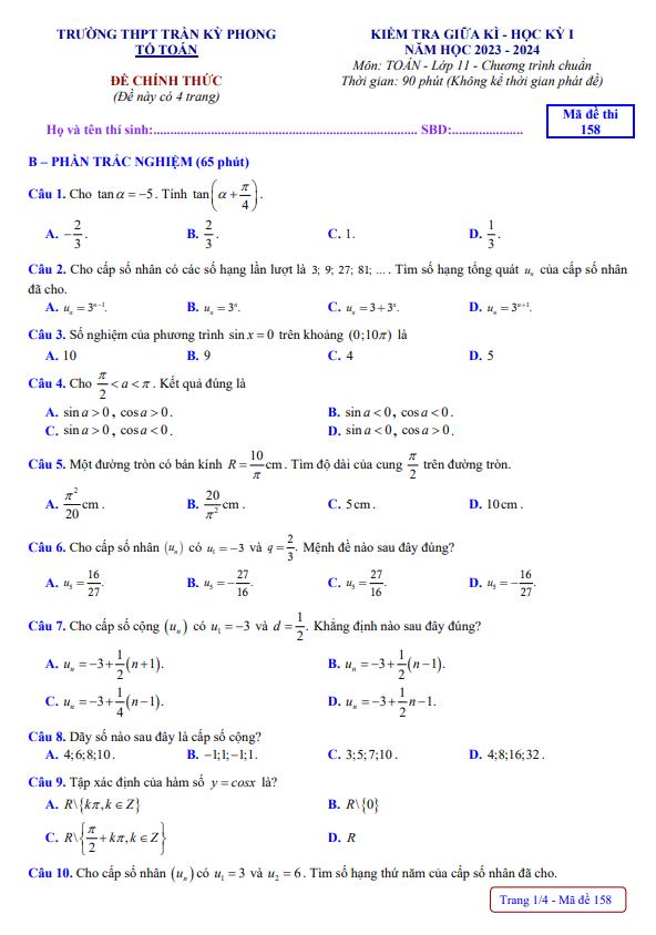 Đề thi giữa học kì 1 (HK1) lớp 11 môn Toán năm 2023 2024 trường THPT Trần Kỳ Phong Quảng Ngãi