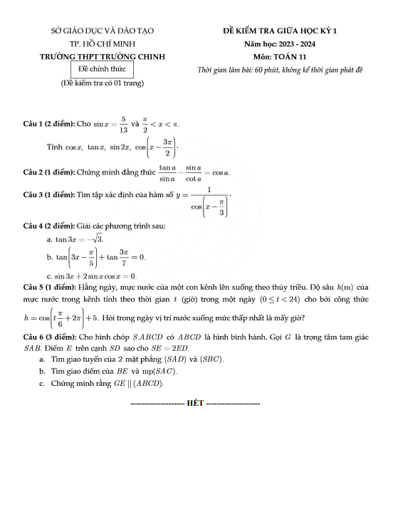 Đề thi giữa học kì 1 (HK1) lớp 11 môn Toán năm 2023 2024 trường THPT Trường Chinh TP HCM