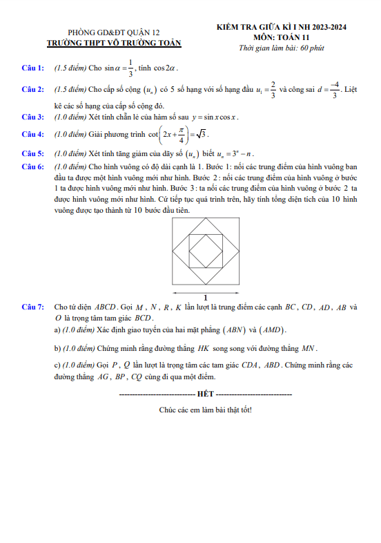 Đề thi giữa học kì 1 (HK1) lớp 11 môn Toán năm 2023 2024 trường THPT Võ Trường Toản TP HCM
