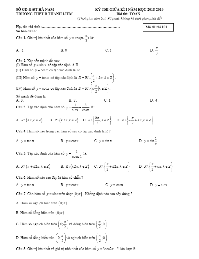 Đề thi giữa học kì 1 (HK1) lớp 11 môn Toán năm học 2018 2019 trường THPT B Thanh Liêm Hà Nam