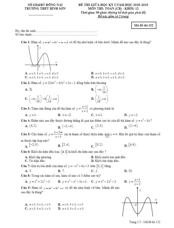 Đề thi giữa học kì 1 (HK1) lớp 12 môn Toán năm 2018 2019 trường THPT Bình Sơn Đồng Nai