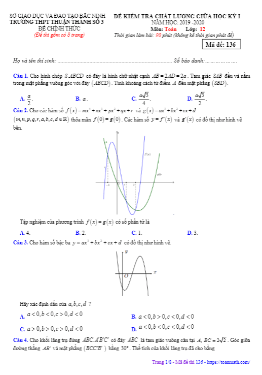 Đề thi giữa học kì 1 (HK1) lớp 12 môn Toán năm 2019 2020 trường Thuận Thành 3 Bắc Ninh