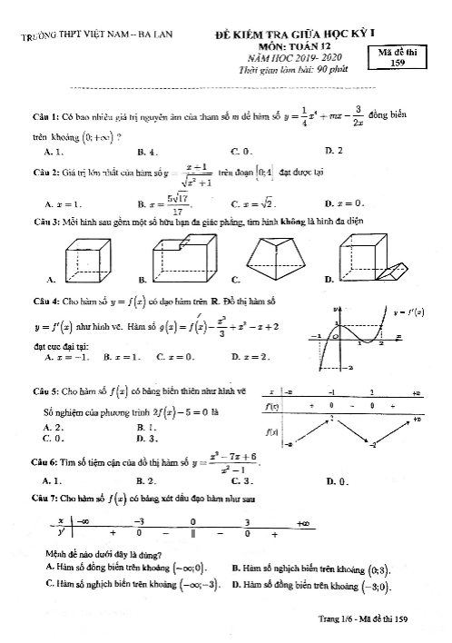 Đề thi giữa học kì 1 (HK1) lớp 12 môn Toán năm 2019 2020 trường Việt Nam Ba Lan Hà Nội