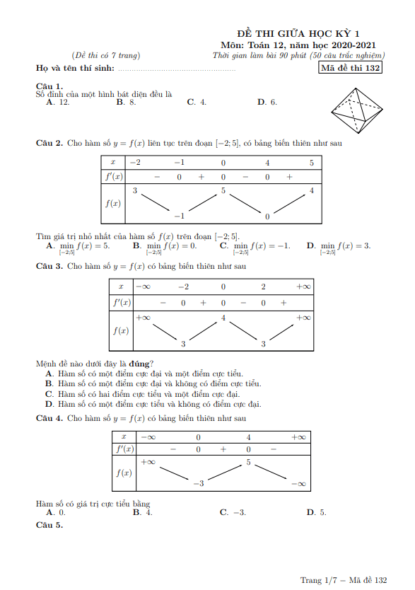 Đề thi giữa học kì 1 (HK1) lớp 12 môn Toán năm 2020 2021 trường Nguyễn Thị Minh Khai Hà Nội