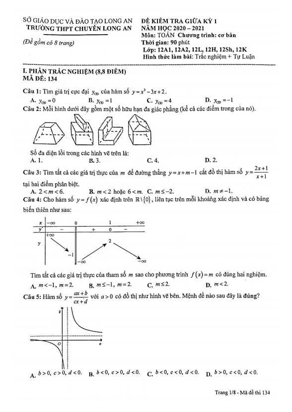 Đề thi giữa học kì 1 (HK1) lớp 12 môn Toán năm 2020 2021 trường THPT chuyên Long An