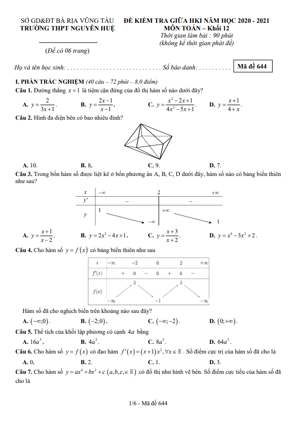 Đề thi giữa học kì 1 (HK1) lớp 12 môn Toán năm 2020 2021 trường THPT Nguyễn Huệ Bà Rịa Vũng Tàu