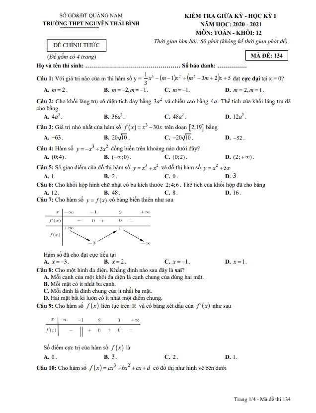 Đề thi giữa học kì 1 (HK1) lớp 12 môn Toán năm 2020 2021 trường THPT Nguyễn Thái Bình Quảng Nam