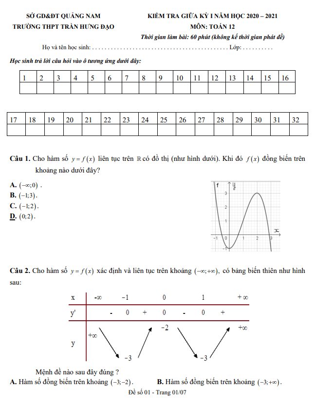 Đề thi giữa học kì 1 (HK1) lớp 12 môn Toán năm 2020 2021 trường THPT Trần Hưng Đạo Quảng Nam