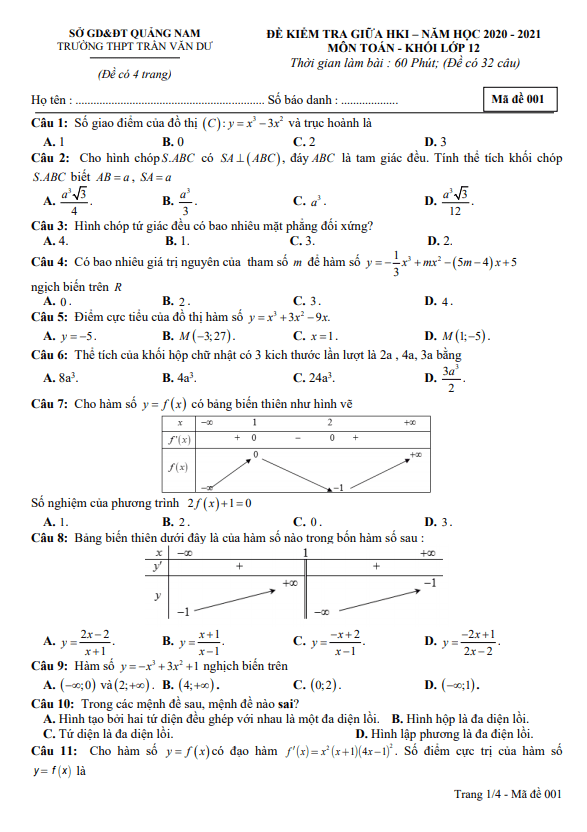 Đề thi giữa học kì 1 (HK1) lớp 12 môn Toán năm 2020 2021 trường THPT Trần Văn Dư Quảng Nam