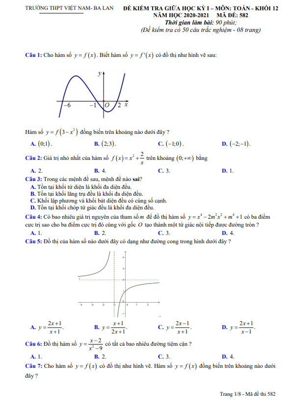 Đề thi giữa học kì 1 (HK1) lớp 12 môn Toán năm 2020 2021 trường THPT Việt Nam Ba Lan Hà Nội